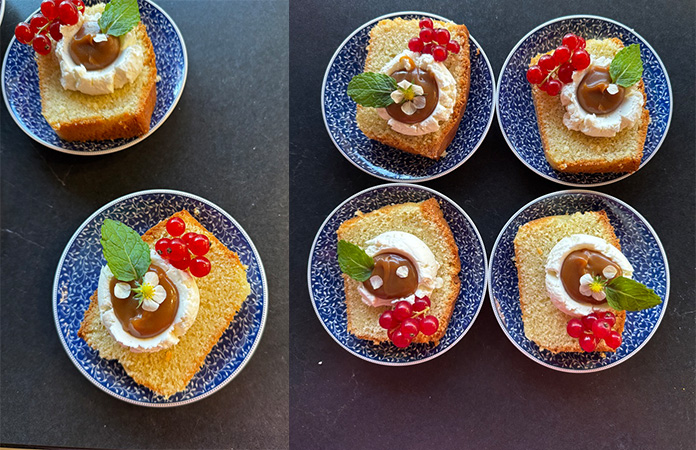 cake en dessert gourmand, avec une crème mascarpone et un cœur de caramel.