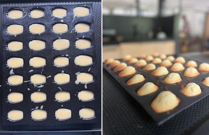 Madeleines dans moules avant et après cuisson