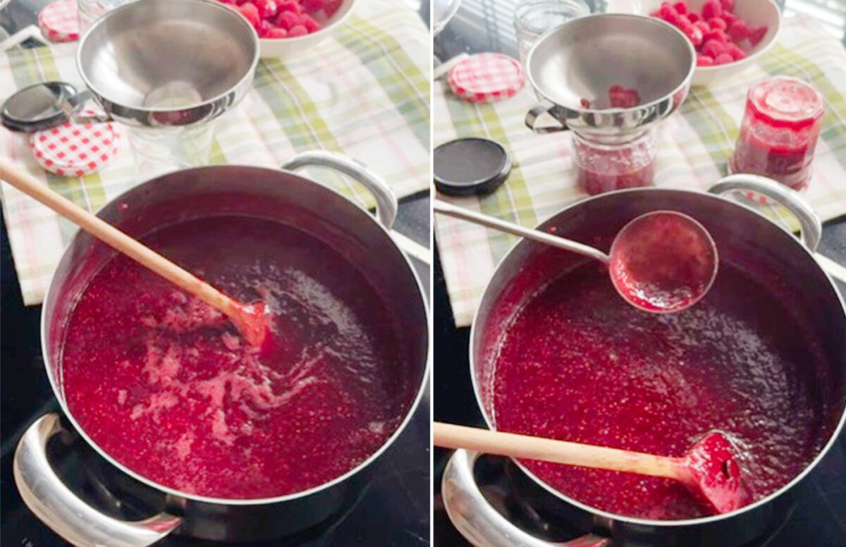 Mise en pots de la confiture de framboises maison