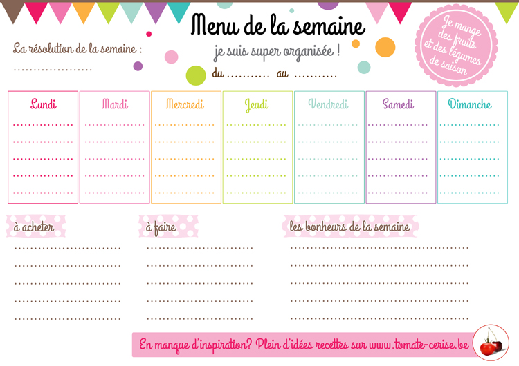 Organisation : planning des menus de la semaine à télécharger