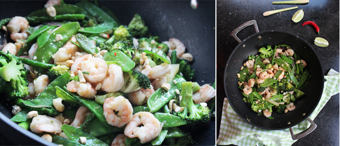 Wok aux crevettes et légumes printanier