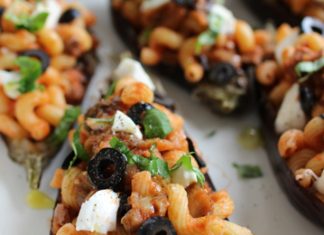 Aubergine farcie de pâtes et d’agneau