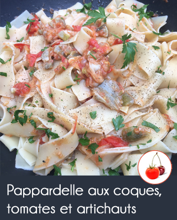 Pappardelle aux coques, tomates et artichauts