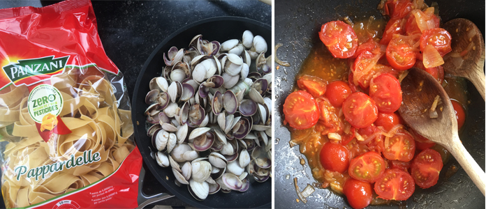 Pappardelle aux coques, tomates et artichauts