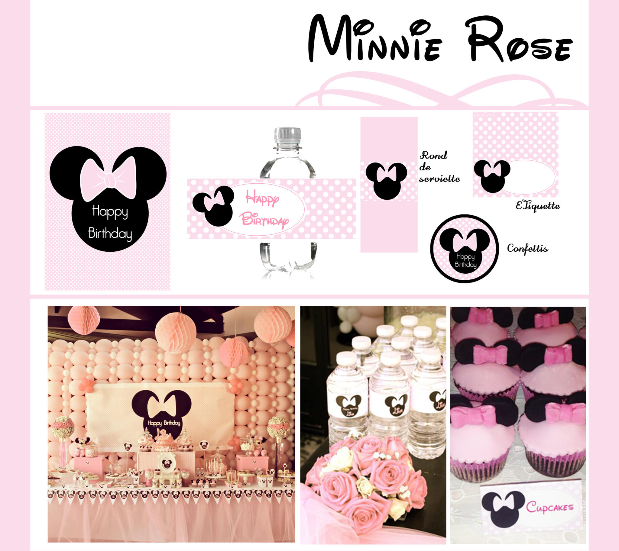 Décoration anniversaire imprimable Minnie Rose