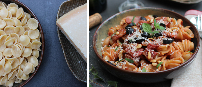 Pâtes orecchiette sauce tomate olives noires et pancetta