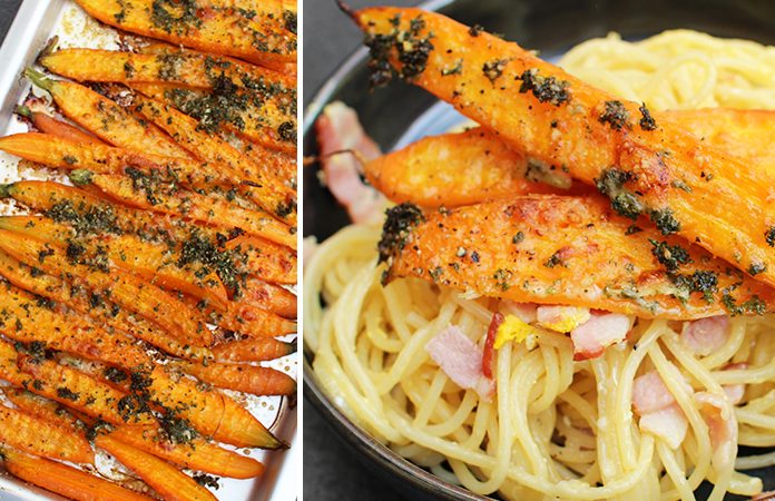 Carbonara aux carottes grillées et parmesan