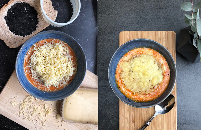 Soupe tomate et lentilles corail gratinée