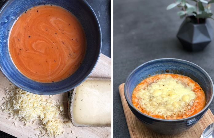 Soupe tomate et lentilles corail gratinée