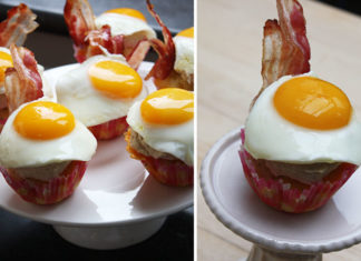 Dimanche matin, brunch avec un couple d’amis… Pour l’occasion, l’envie de réaliser des Cupcakes Bacon Cheddar, surmontés d’un glaçage d’houmous d’haricots blancs, décorés de lard au sirop d’érable et d’un œuf sur le plat.