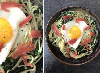 Spaghettis aux épinards et œuf sur le plat
