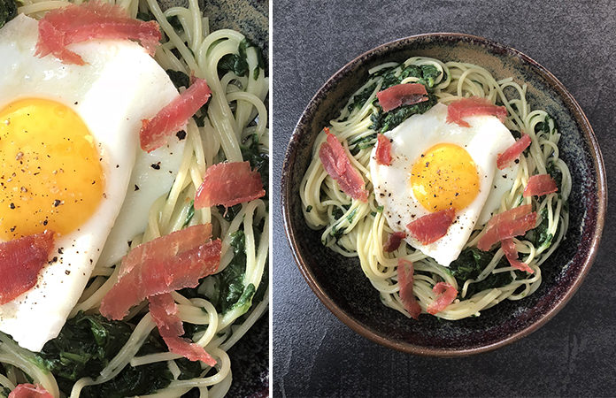 pate-epinard-oeuf-index Spaghettis aux épinards et œuf sur le plat