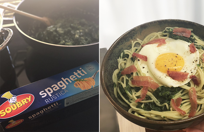 Spaghettis aux épinards et œuf sur le plat