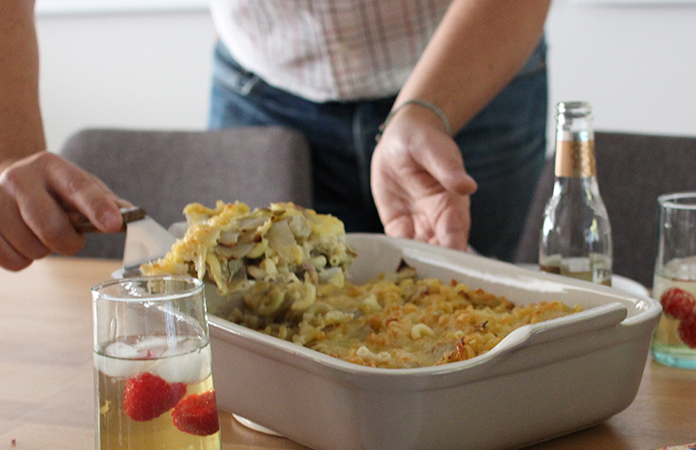 Gratin de Coquillettes aux lardons et aux chicons 