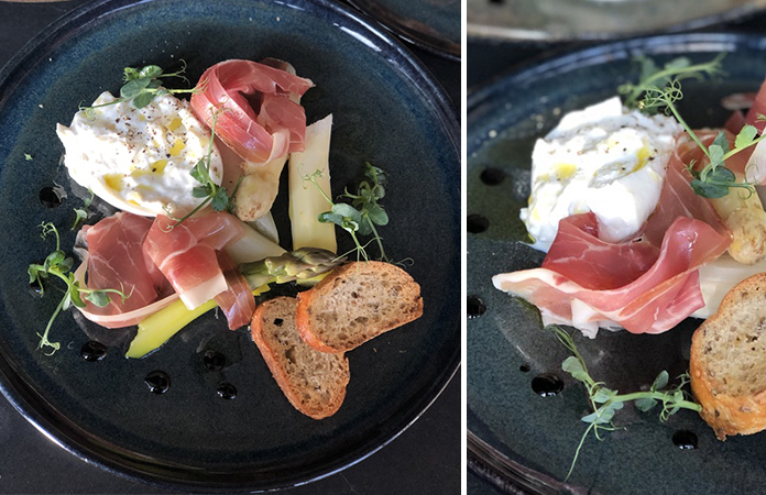 Asperges, burrata et jambon cru