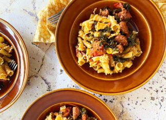 Giglio au chorizo, tomates et kale