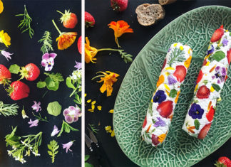 Rouleaux de chèvre aux fraises et fleurs comestibles
