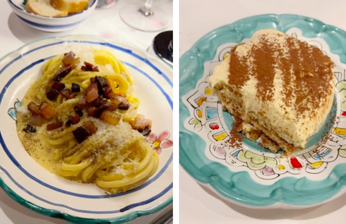 A la table chez BACI pâte carbonara et tiramisu