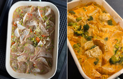 Des gyozas cuits au four dans une sauce coco curry