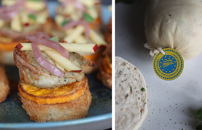 Toasts au boudin blanc de Liège IGP avec patate douce et pomme