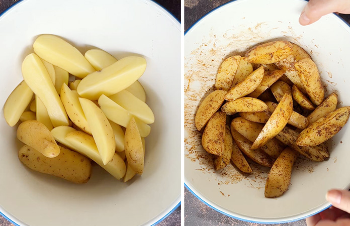 pommes de terre assaisonnées avec huile d’olive et paprika avant cuisson au four