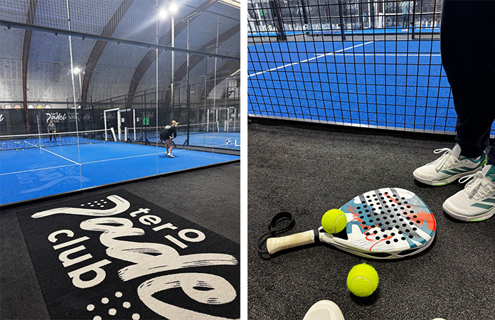 terrain de padel indoor avec raquettes et balles