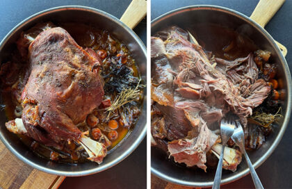 Agneau effiloché fondant après cuisson longue à basse température, texture tendre façon agneau à la cuillère