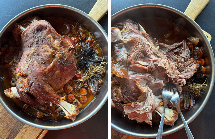 Agneau effiloché fondant après cuisson longue à basse température, texture tendre façon agneau à la cuillère