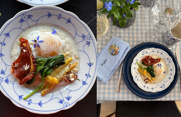 Asperges avec œuf parfait, ail des ours poêlé, chips de jambon cru et mousse de parmesan