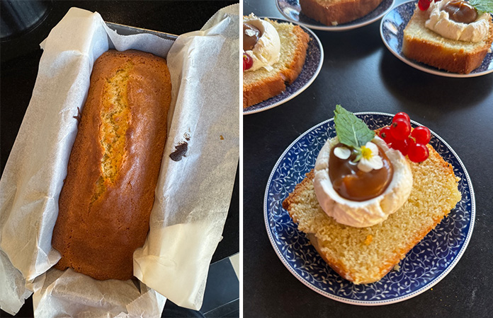 Cake vanille garni de crème mascarpone et caramel, décoré de fraise et menthe