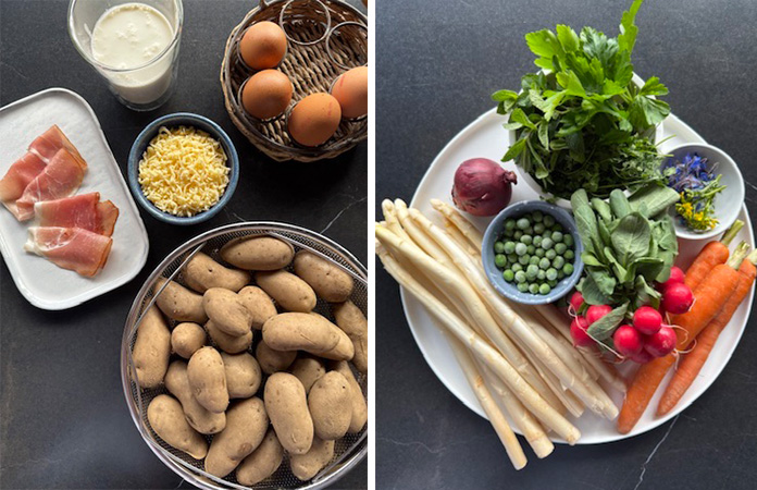 Ingrédients pour réaliser une quiche de pommes de terre printanière avec légumes frais