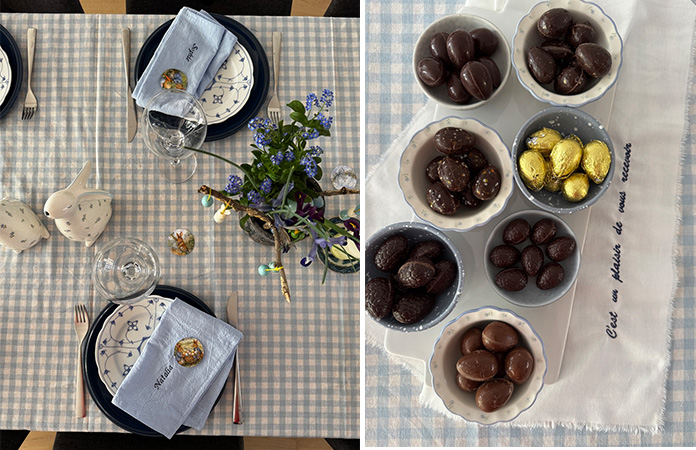 Table de Pâques avec décoration printanière et assortiment d’œufs en chocolat