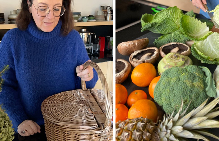 Planification des repas de la semaine avec un carnet de menus et des légumes de saison.