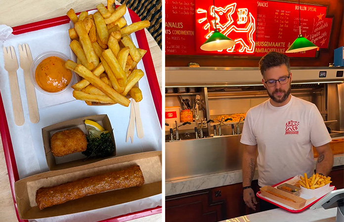 Fricadelle artisanale, croquette aux crevettes et frites de Bouillon