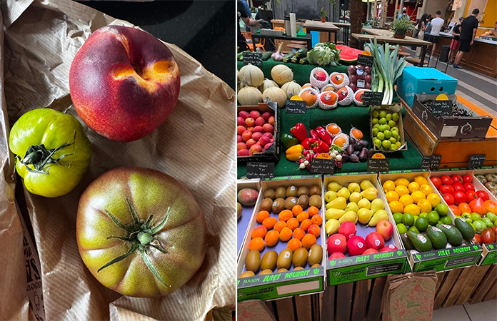 Tomates, fruits et légumes du primeur du Marché Saint-Géry