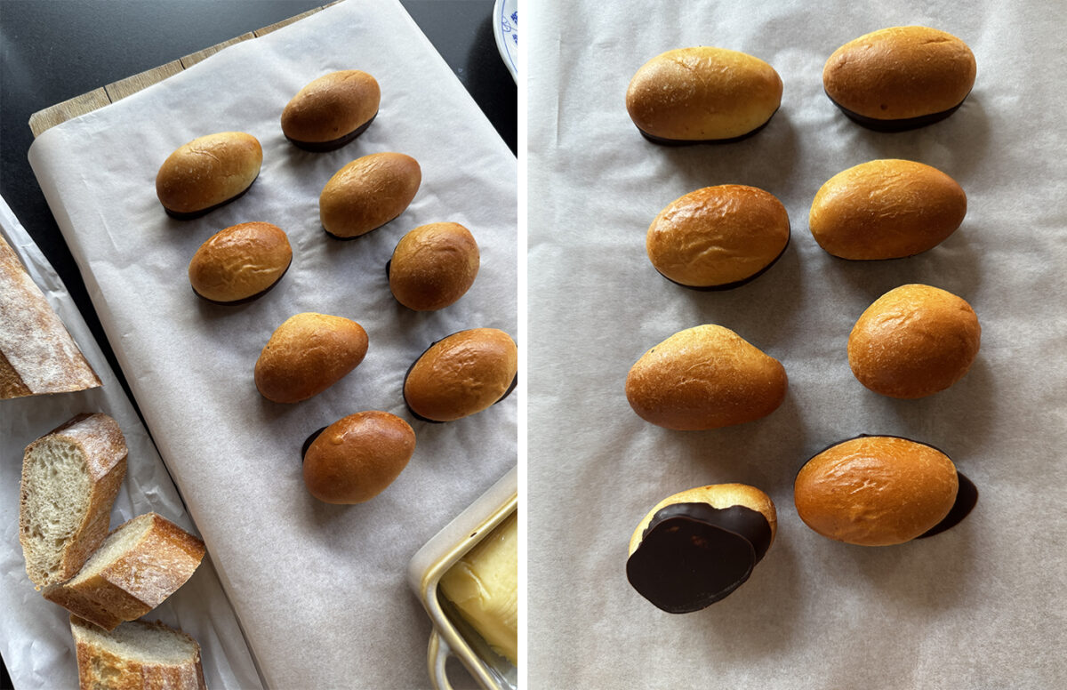 Sandwichs mous avec la base trempée dans du chocolat noir.