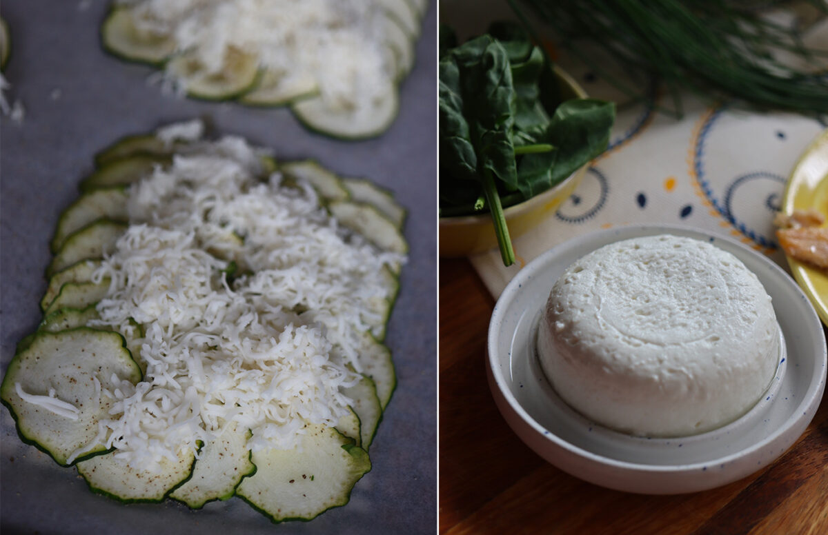 Rondelles de courgette et fromage de brebis avant cuisson