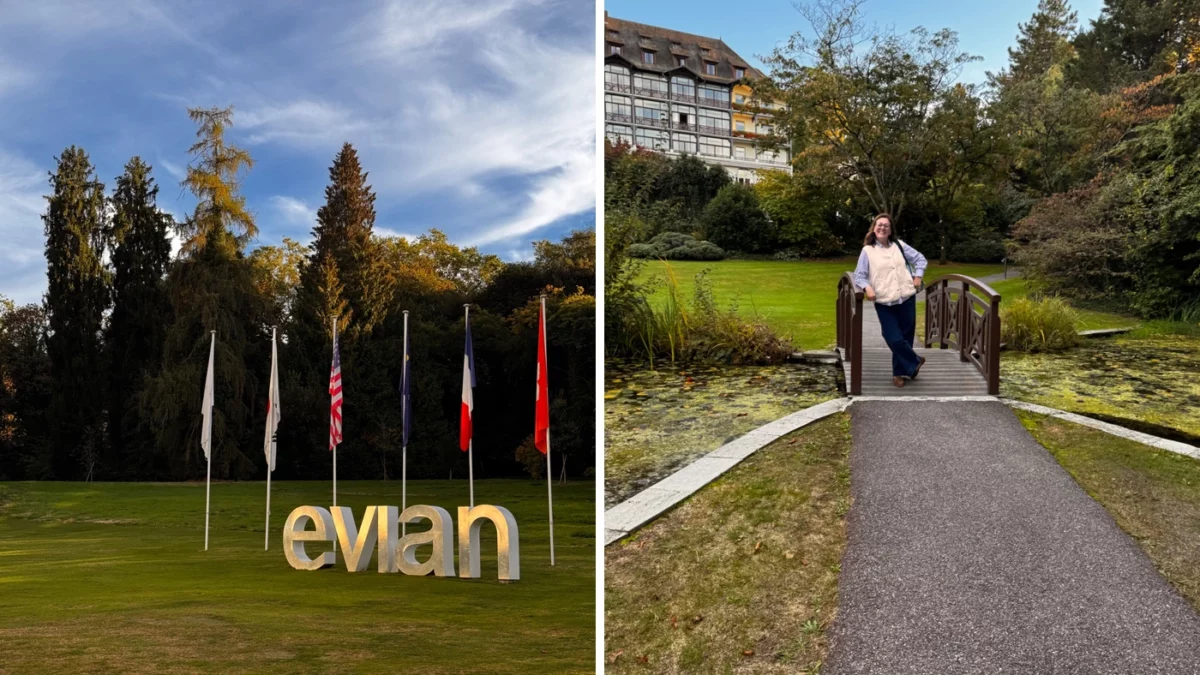 Parc de l’Evian Resort avec son enseigne et passerelle dans les jardins.