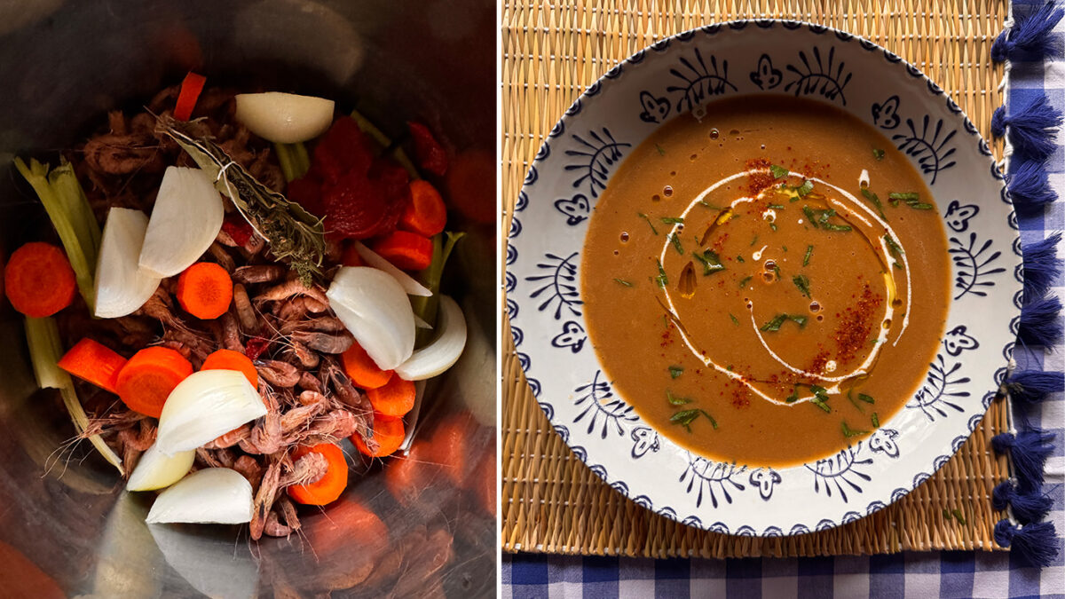 Soupe aux crevettes grises maison avec crème, ciboulette et piment d'Espelette.