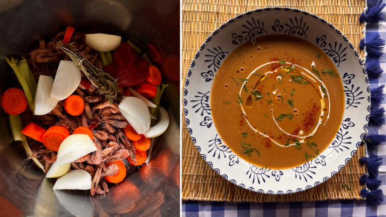 Soupe aux crevettes grises maison avec crème, ciboulette et piment d'Espelette.